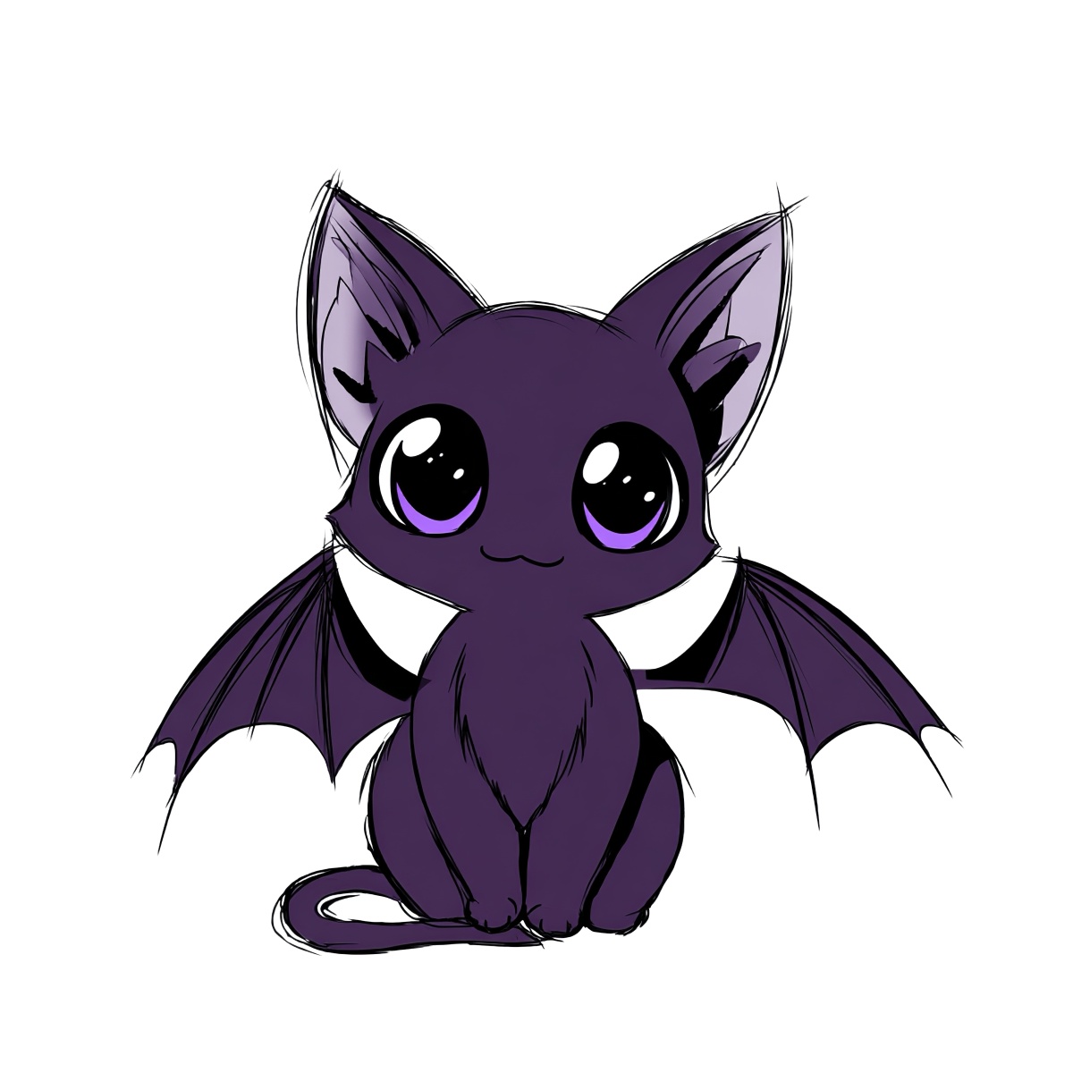 Cartoon bat-like creature with large eyes and purple wings.