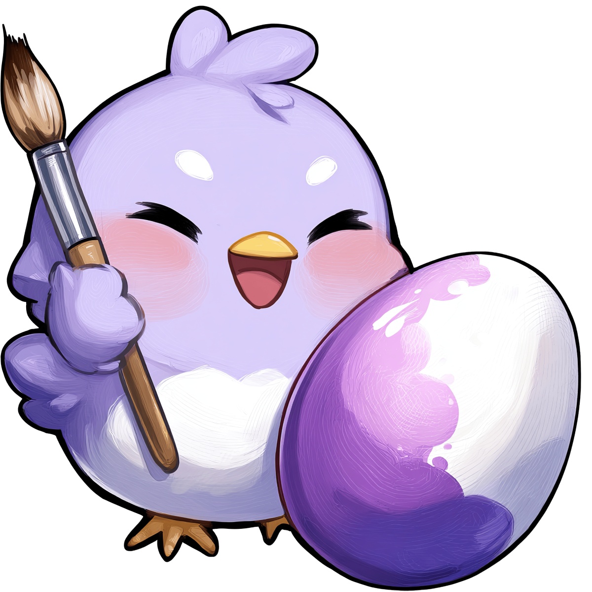 Purple bird holding a paintbrush next to a large painted egg.