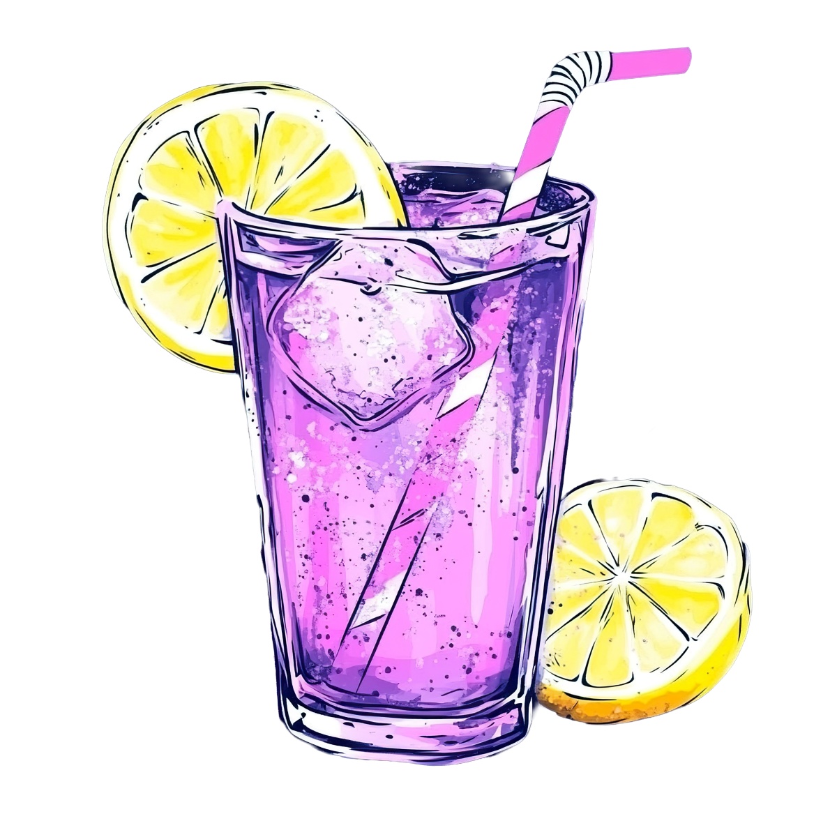 Purple drink in a glass with ice, lemon slices, and a straw.
