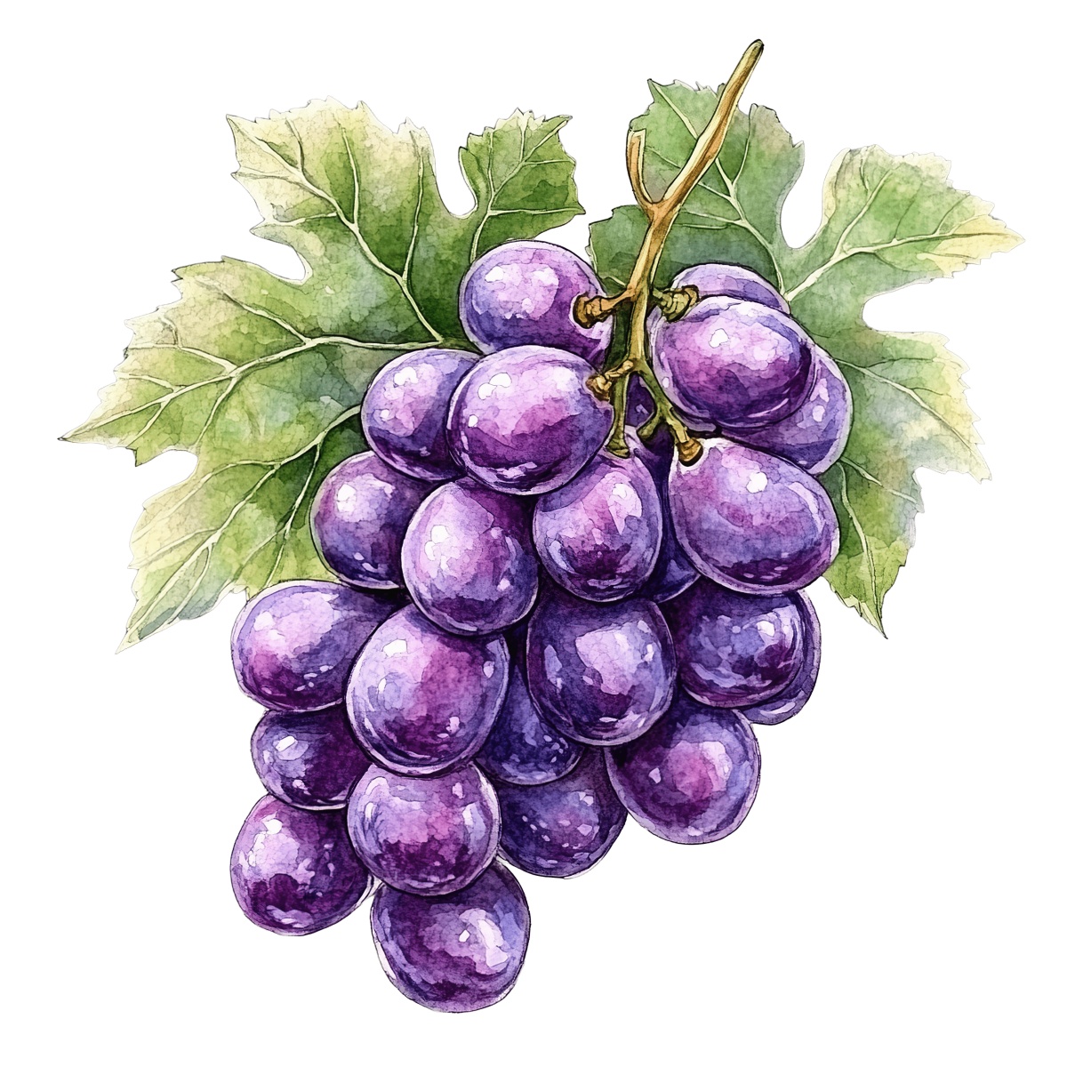 Bunch of purple grapes with green leaves.
