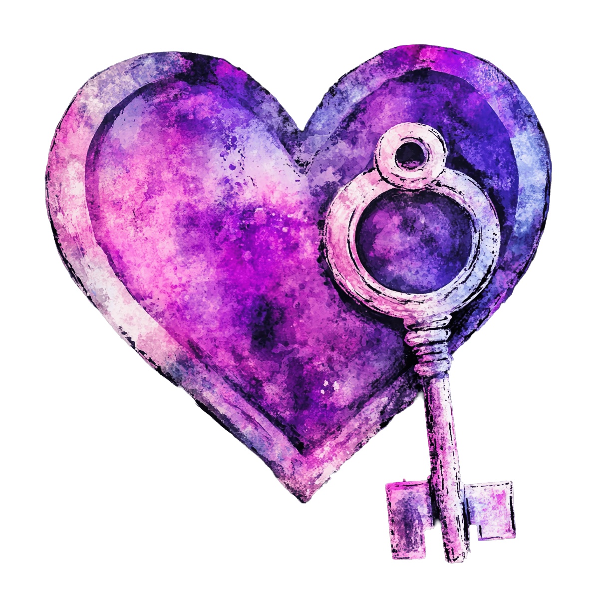 Purple watercolor heart with a silver vintage key in front.