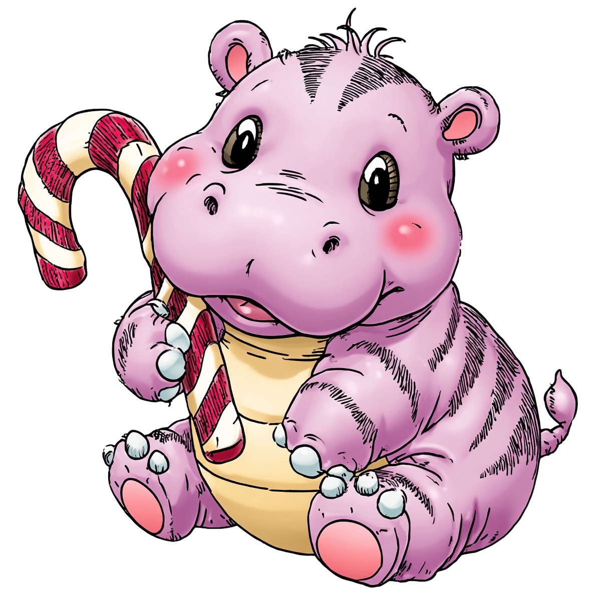 Purple hippo holding a candy cane in a cartoon style clipart.
