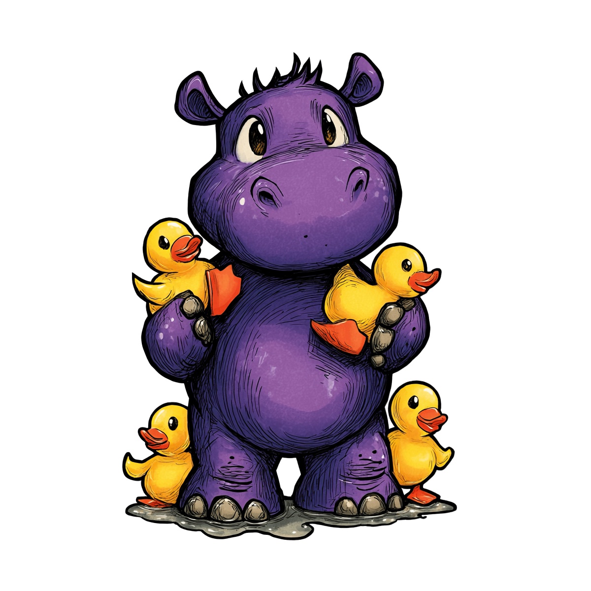 Purple hippo standing with yellow rubber ducks around it.