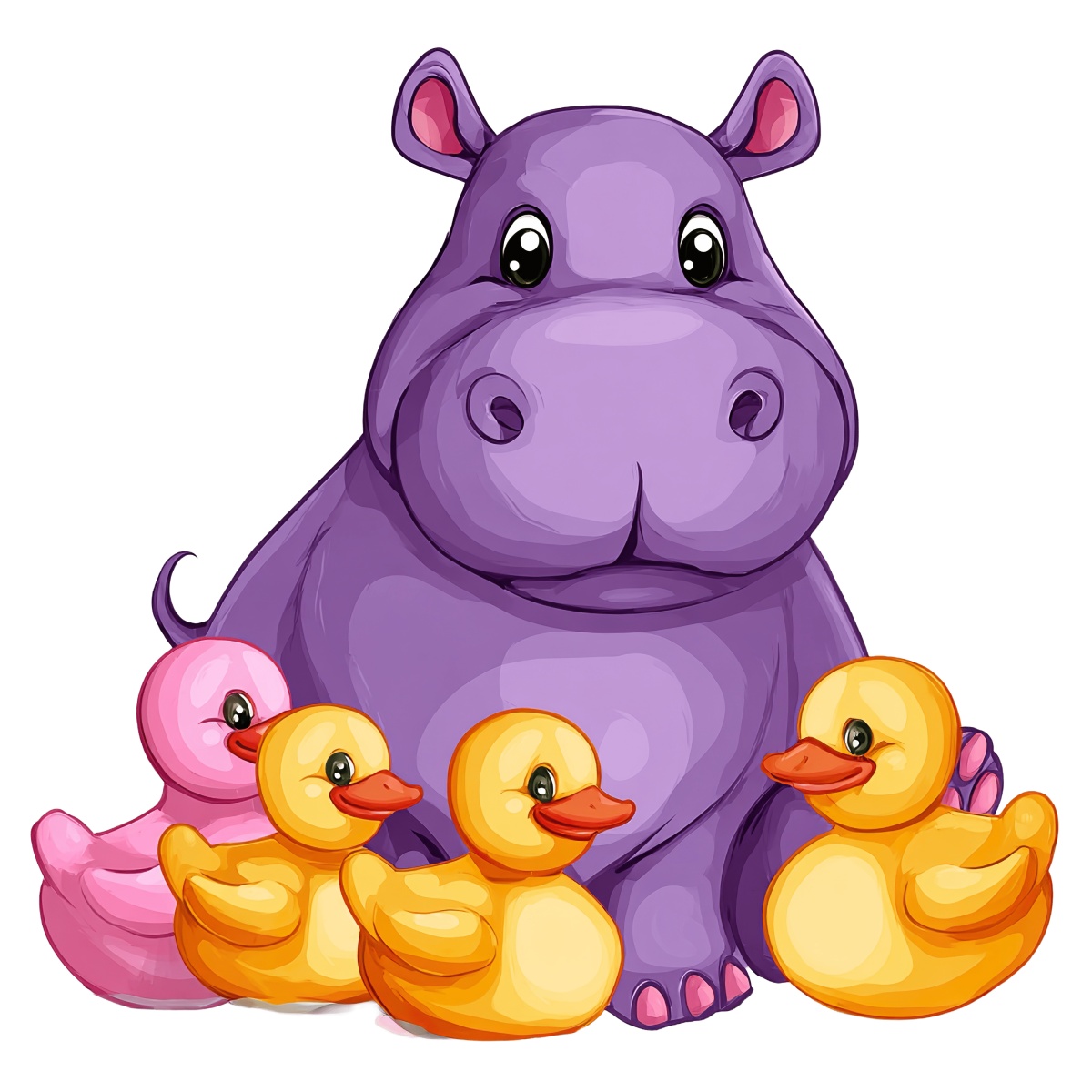 Purple hippo with yellow and pink ducks in a cartoon style.