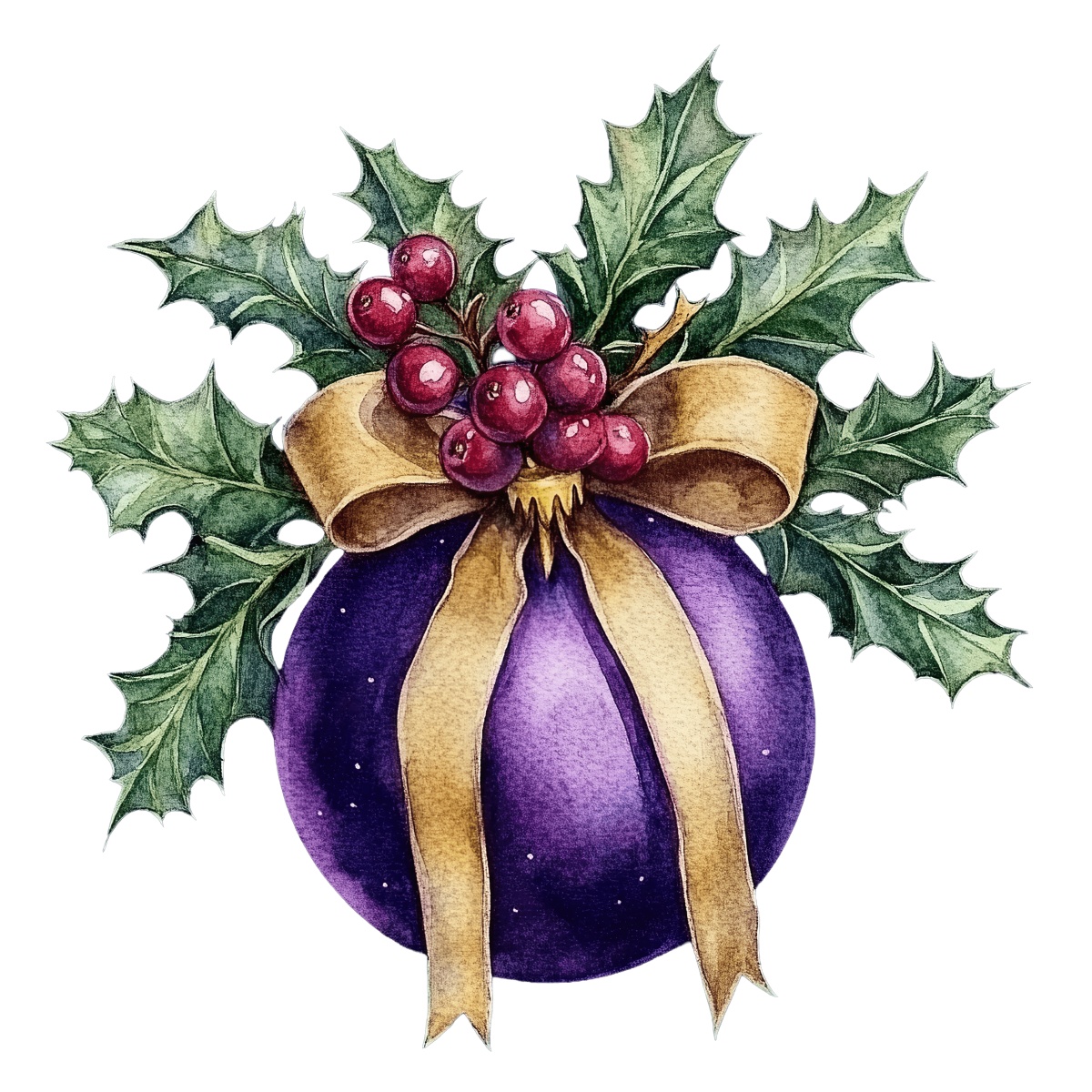 Purple ornament with gold ribbon, holly leaves, and red berries for holiday decoration.