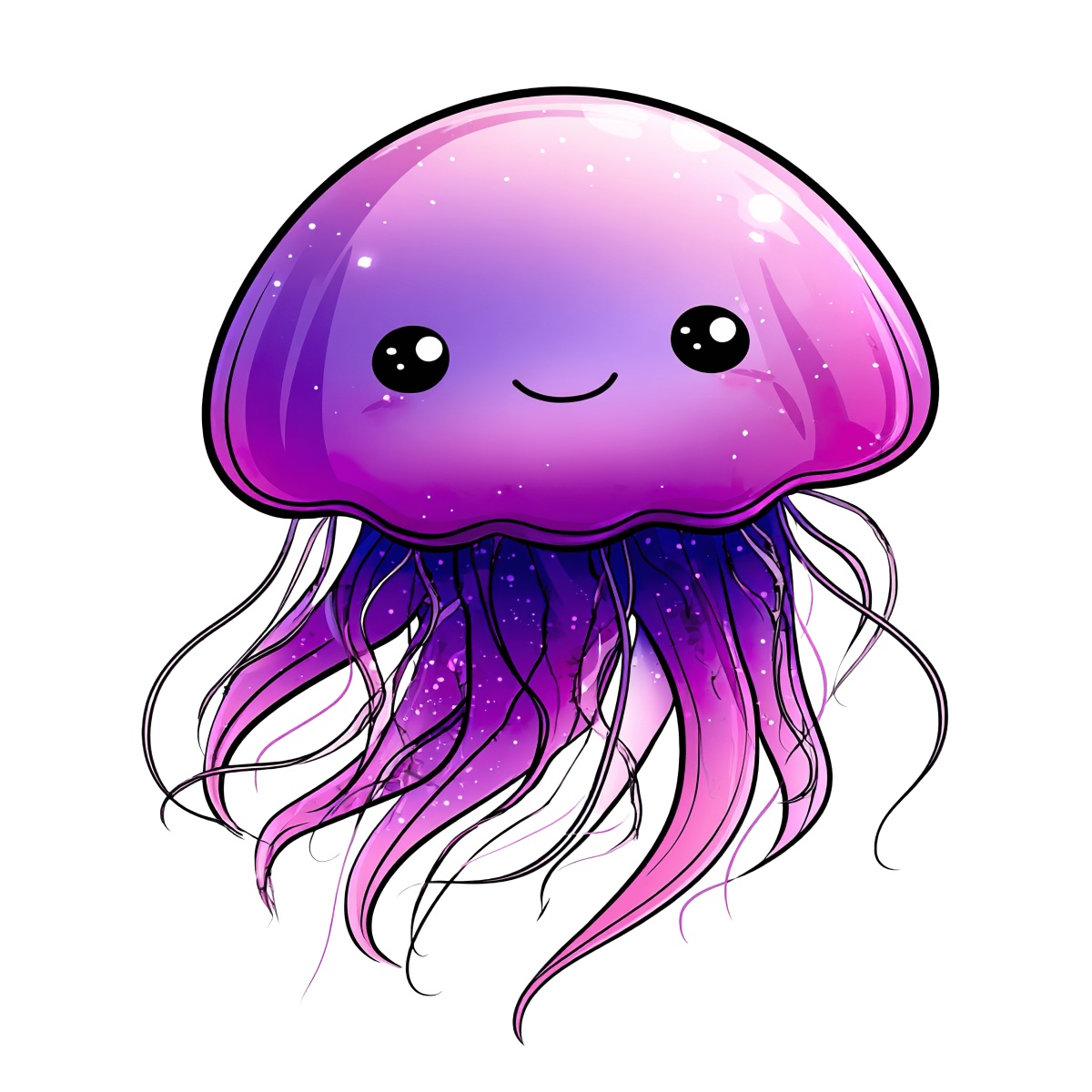 Purple jellyfish with smiling face and flowing tentacles.