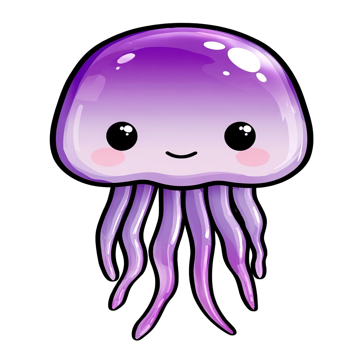 Cartoon jellyfish with purple dome and tentacles.