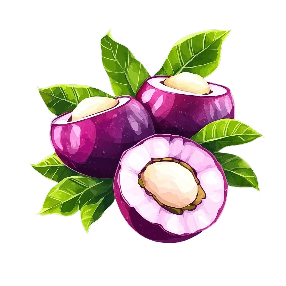 Purple mangosteen fruits with green leaves in a vector art style.