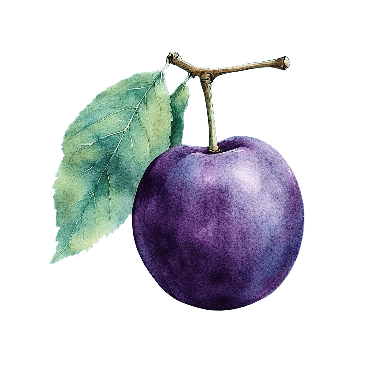 Purple plum with green leaf, detailed clipart.