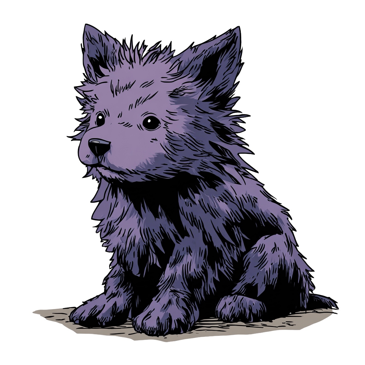 Purple shaggy dog with textured fur and large expressive eyes in vector style.