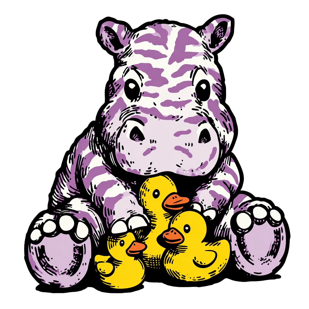 A purple striped hippo with three yellow ducklings.