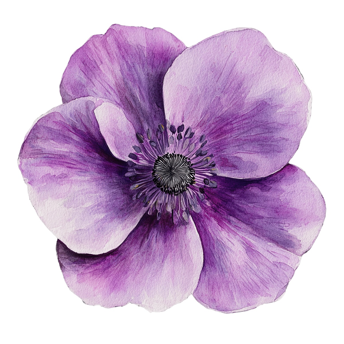 Purple watercolor flower with detailed petals and a prominent dark center.