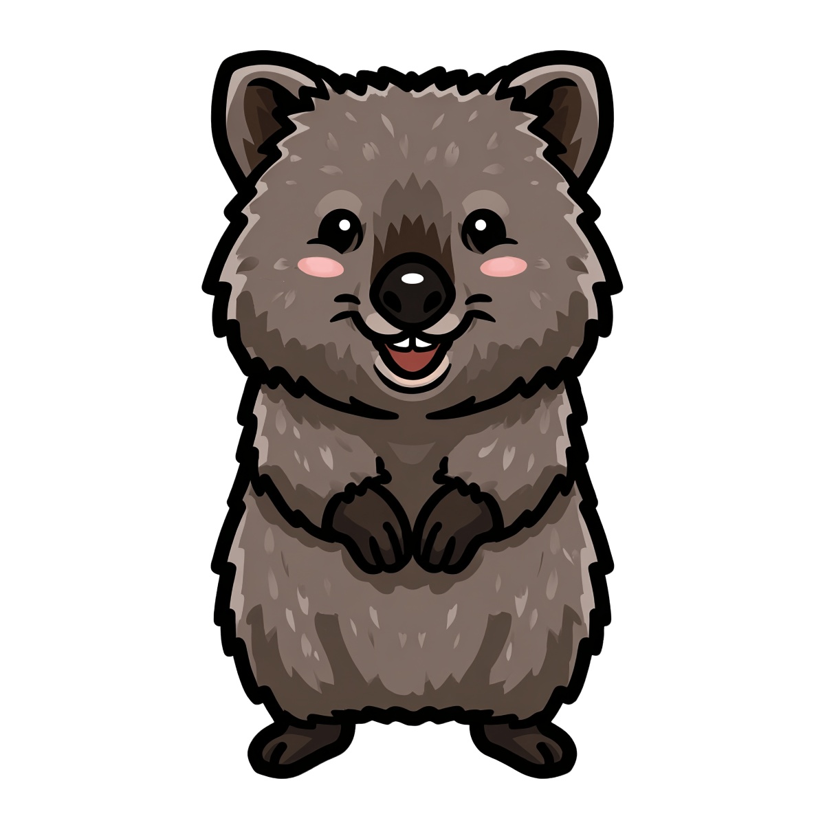 Quokka cartoon illustration standing with a smiling face and brown fur.