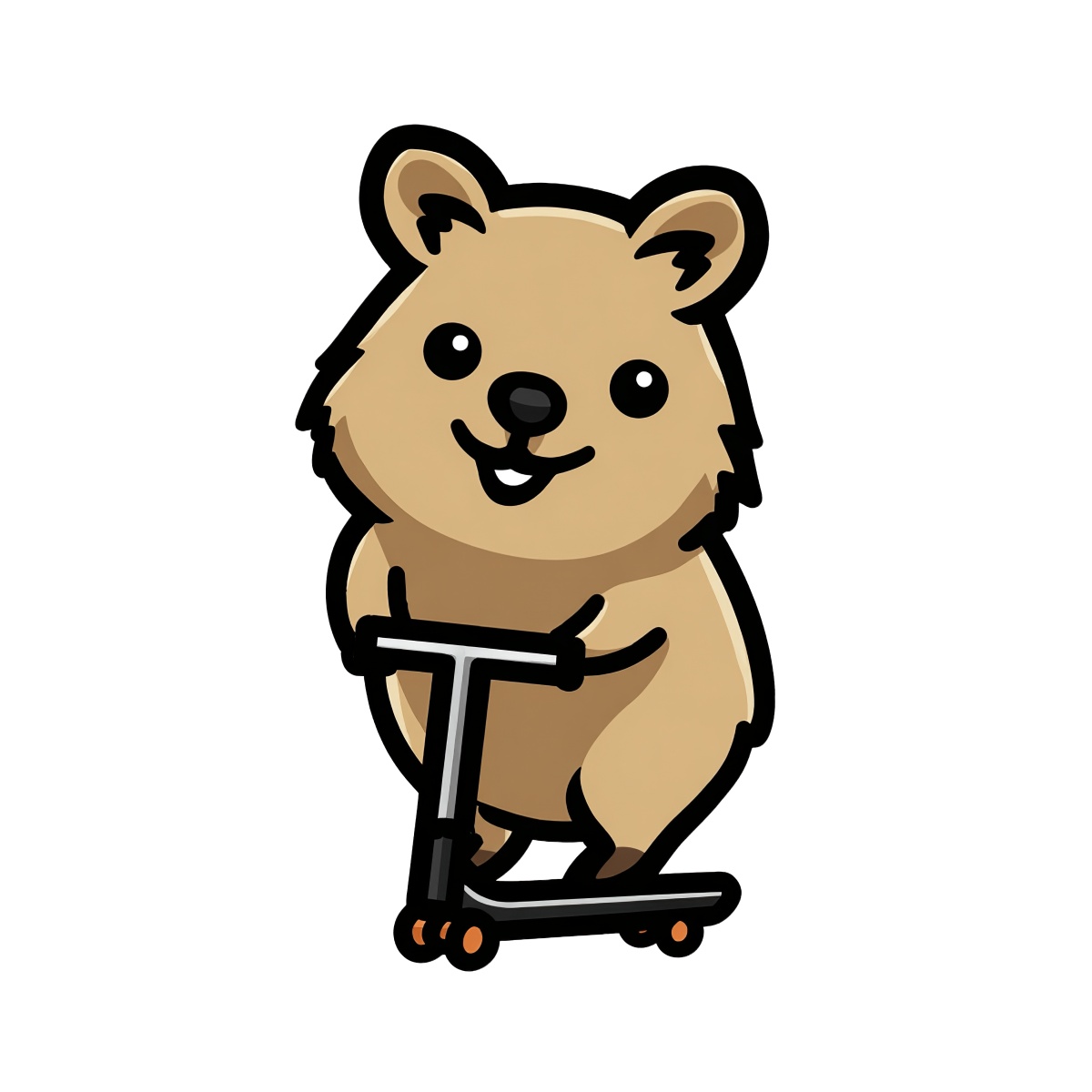 Quokka riding a scooter, beige cartoon style illustration, black outline.