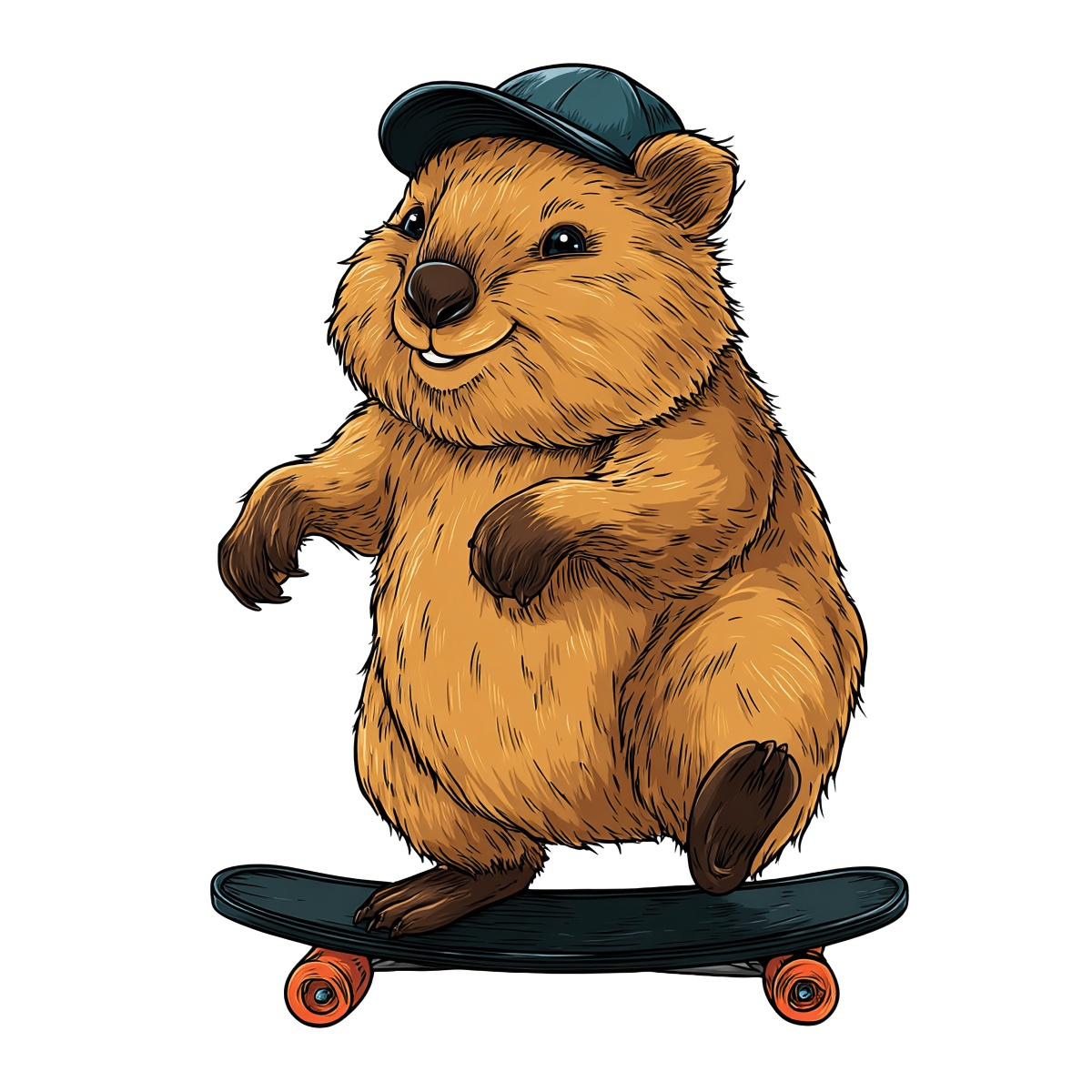 Quokka wearing blue cap skateboarding with detailed fur and orange wheels.