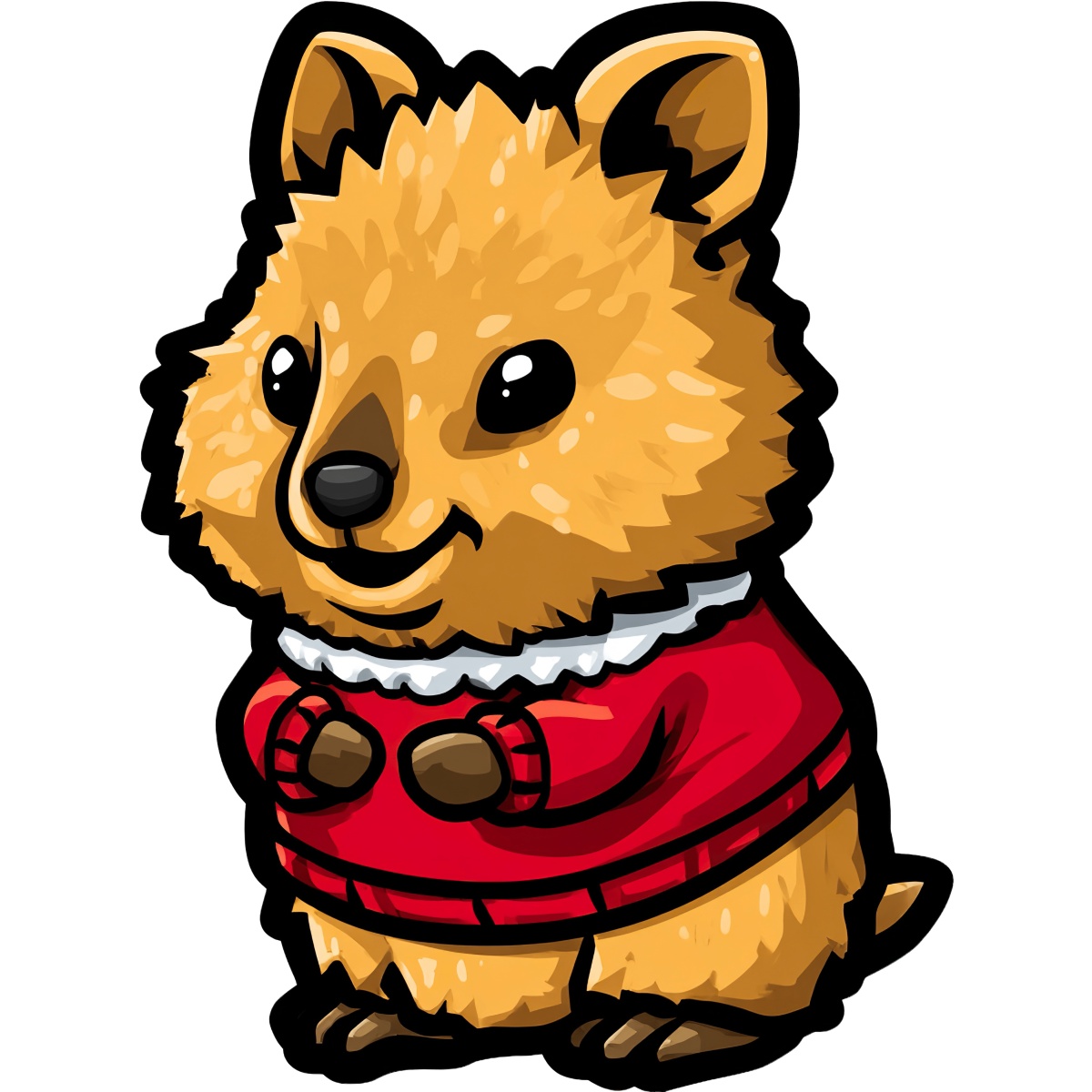 Quokka in a red sweater drawn in cartoon style with light brown fur.