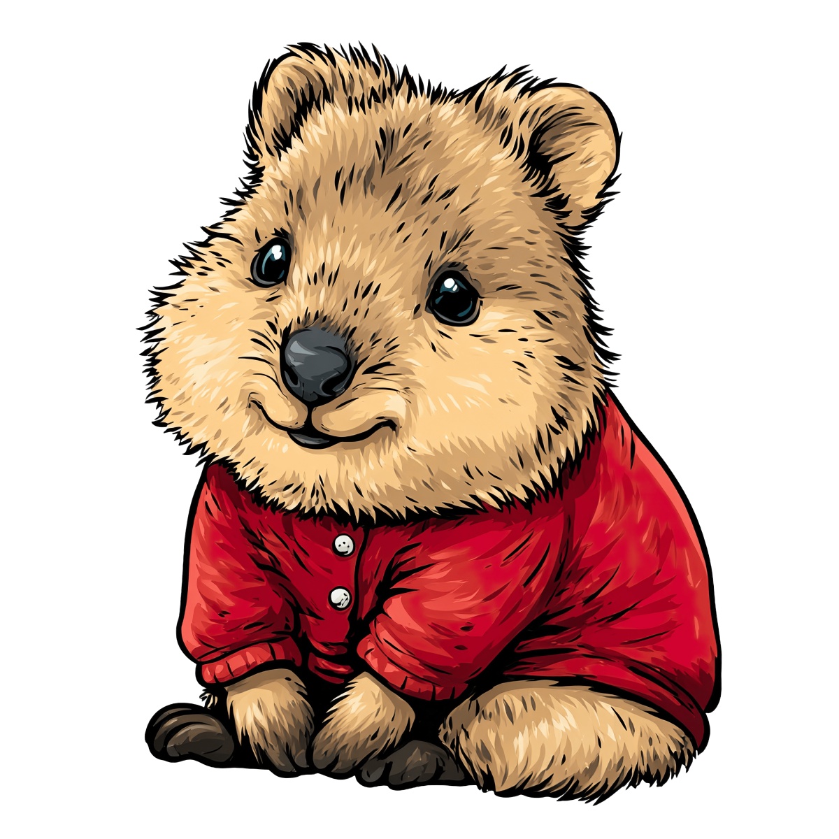 Quokka wearing a red jacket with buttons, sitting and looking forward.