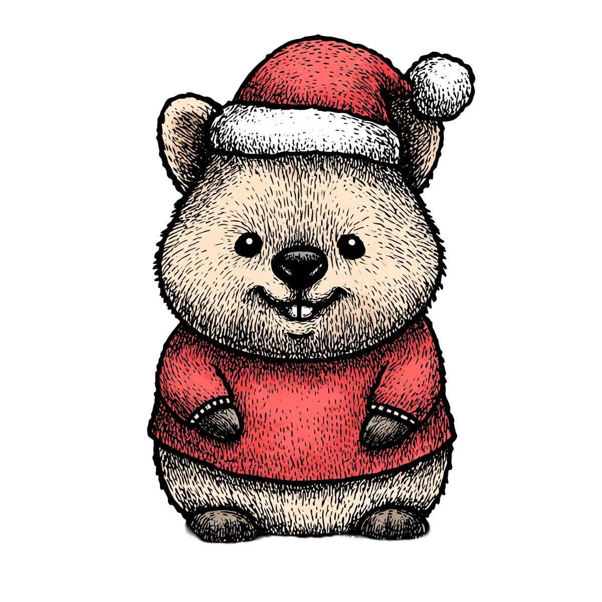 Quokka in red sweater and Santa hat, hand-drawn style.