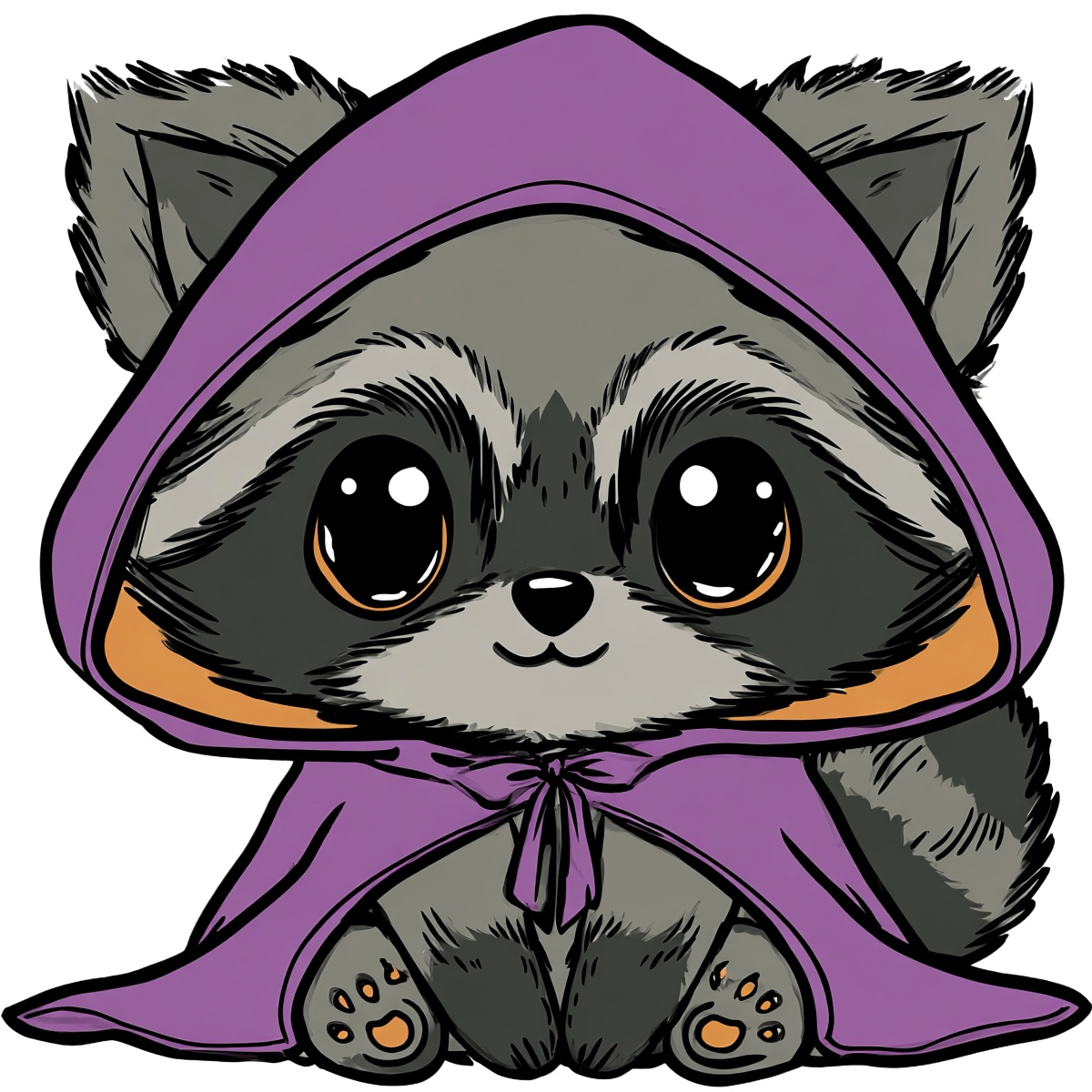 Grey raccoon in purple hood cloak, detailed vector illustration.