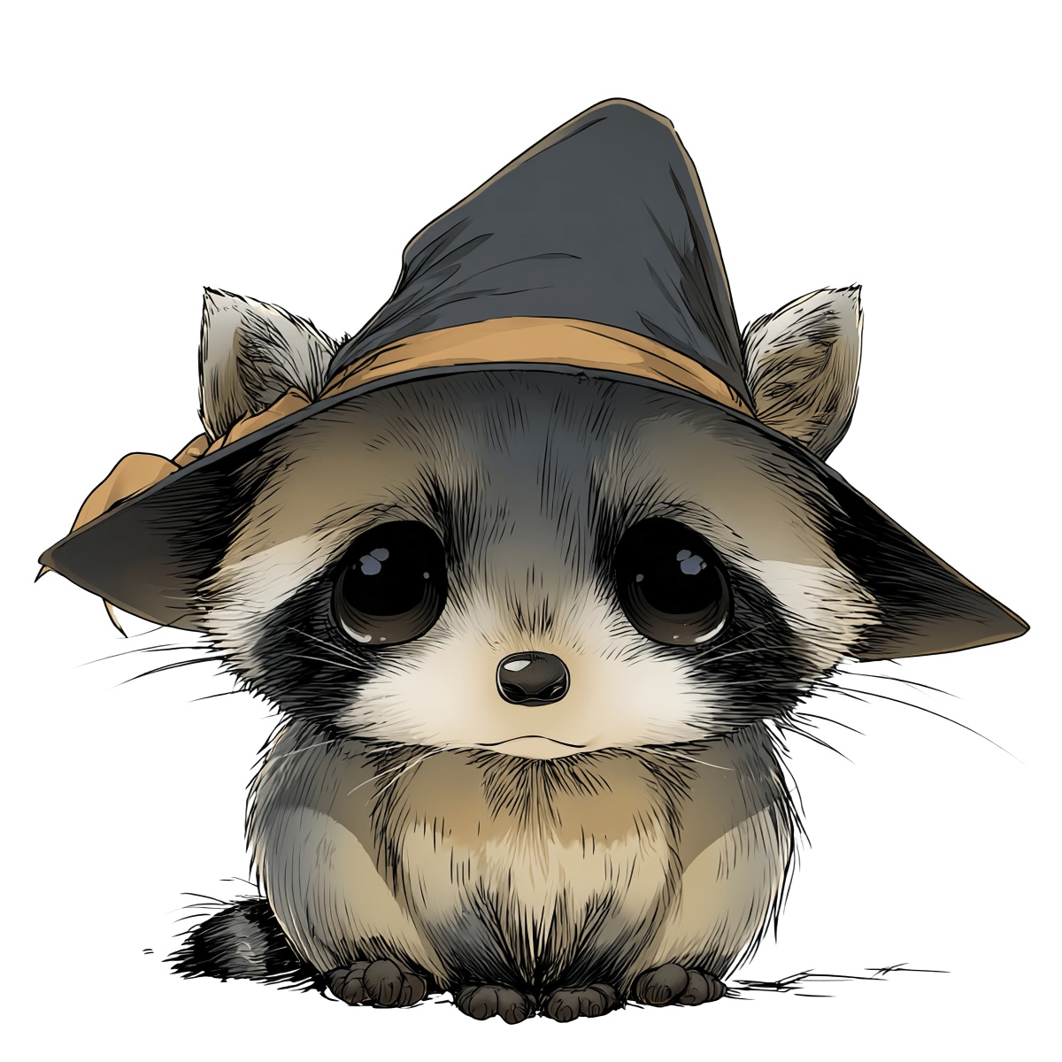 Raccoon with a dark witch hat and large eyes in cartoon style.