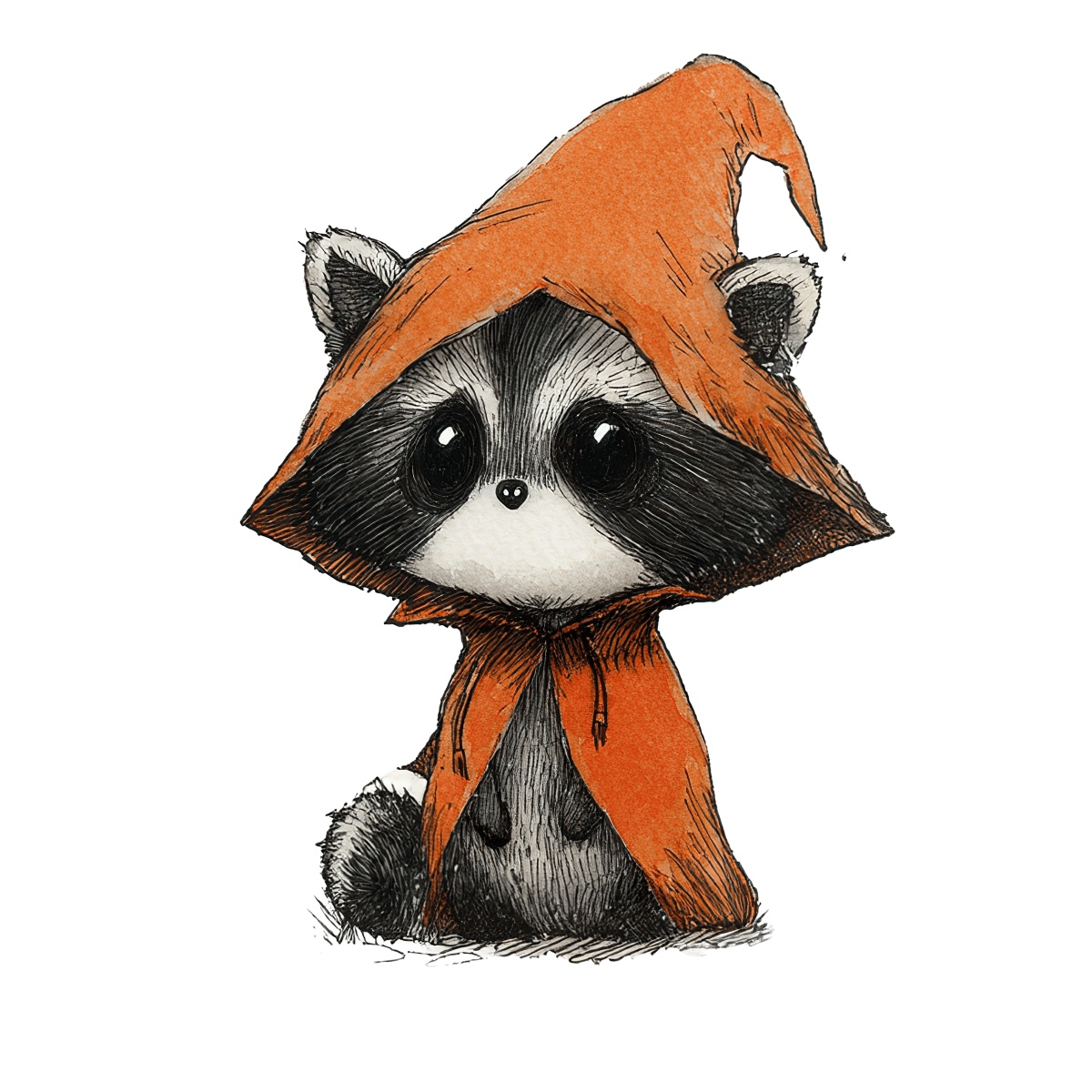 Raccoon illustration with orange hooded cloak, sketch style.