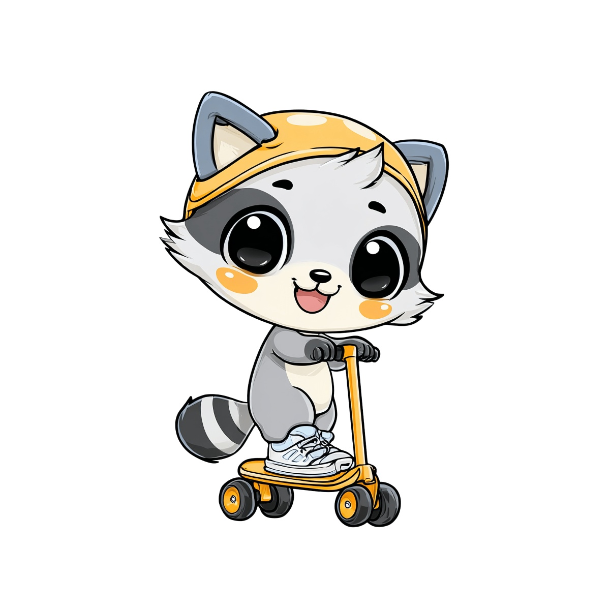 Raccoon with orange helmet riding a scooter, large eyes, striped tail.