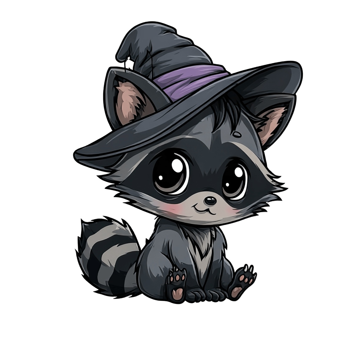 Raccoon with black and grey fur wearing a witch hat with a purple band.
