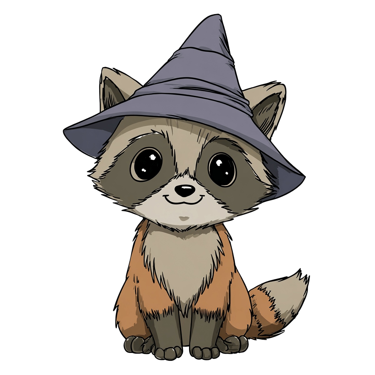 Raccoon with a large pointed hat in a clipart style.