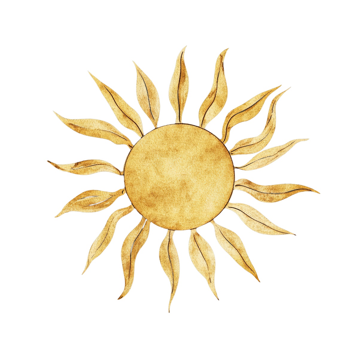 Stylized gold sun with wavy rays on a solid black background.