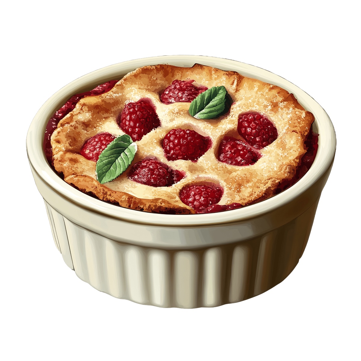 Raspberry cobbler in a ceramic dish with mint leaves on top.