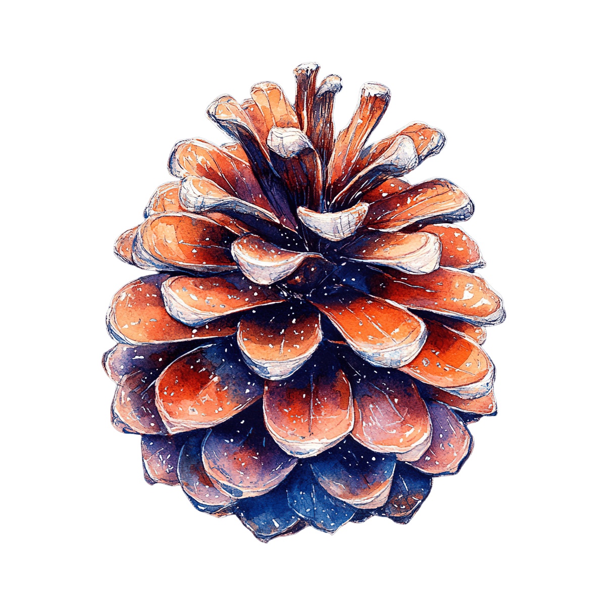 Detailed pine cone illustration with realistic textures and shading on black.