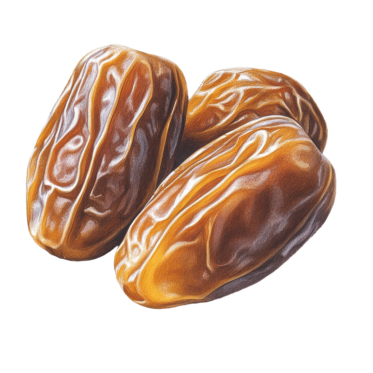 Realistic clipart of Medjool dates with detailed textures and rich colors.