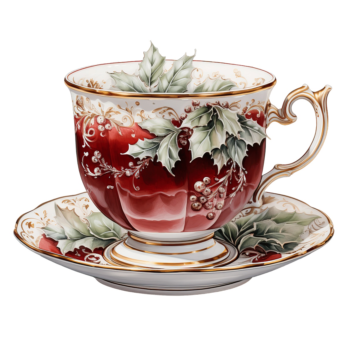 Red and gold teacup with holly decorations, ideal for Christmas themes.