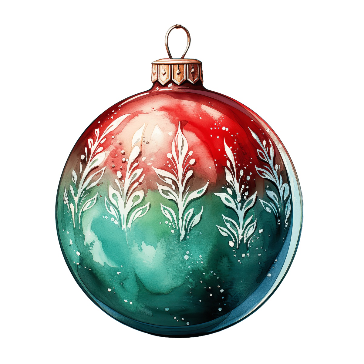 Red and green festive Christmas bauble with white decorative leaf patterns.