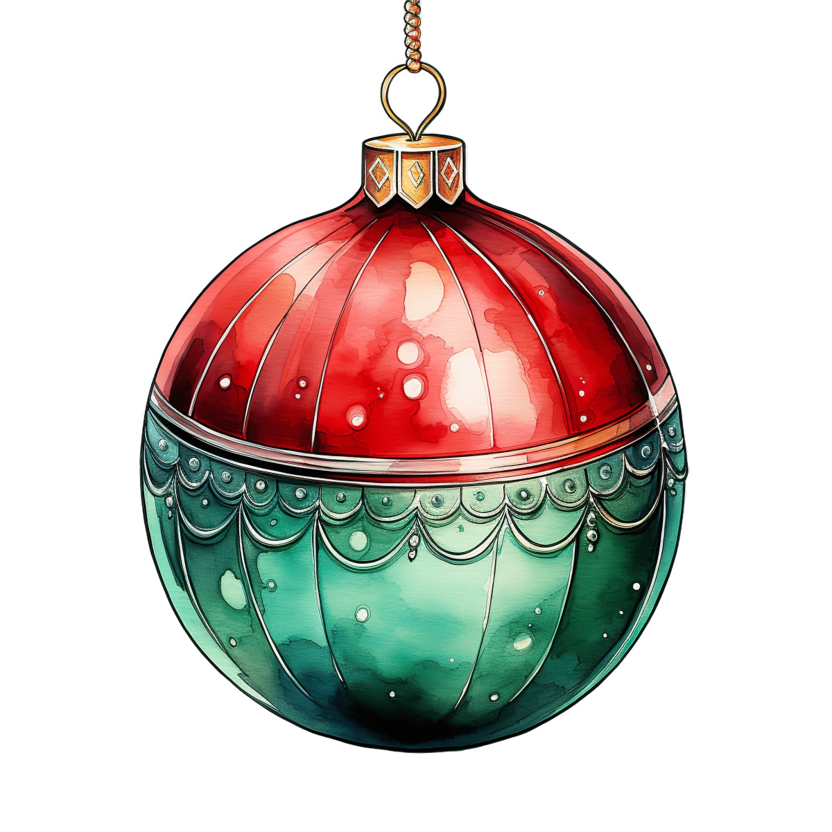 Red and green Christmas ornament featuring detailed design and gold top.
