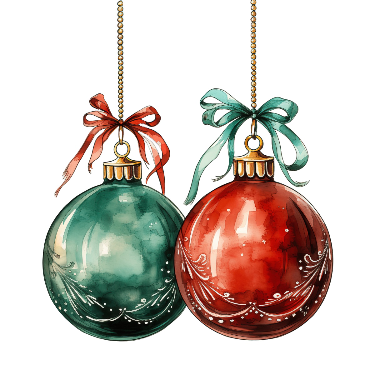 Red and green Christmas ornaments with bows and decorative details hanging.