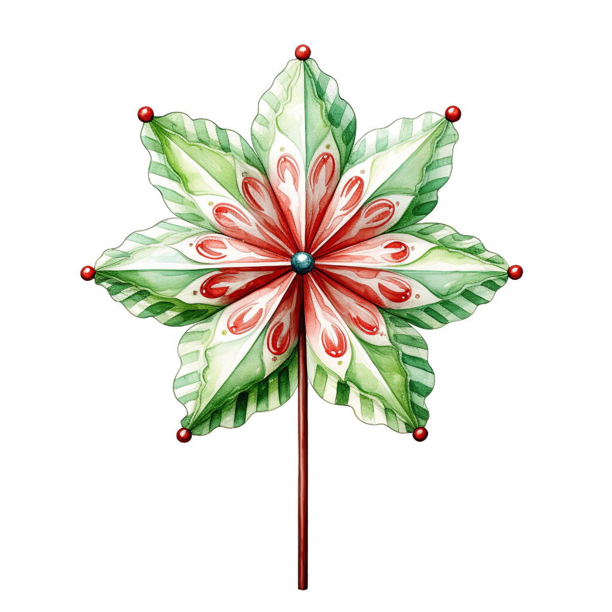 Red and green decorative flower ornament with seven petals for Christmas.