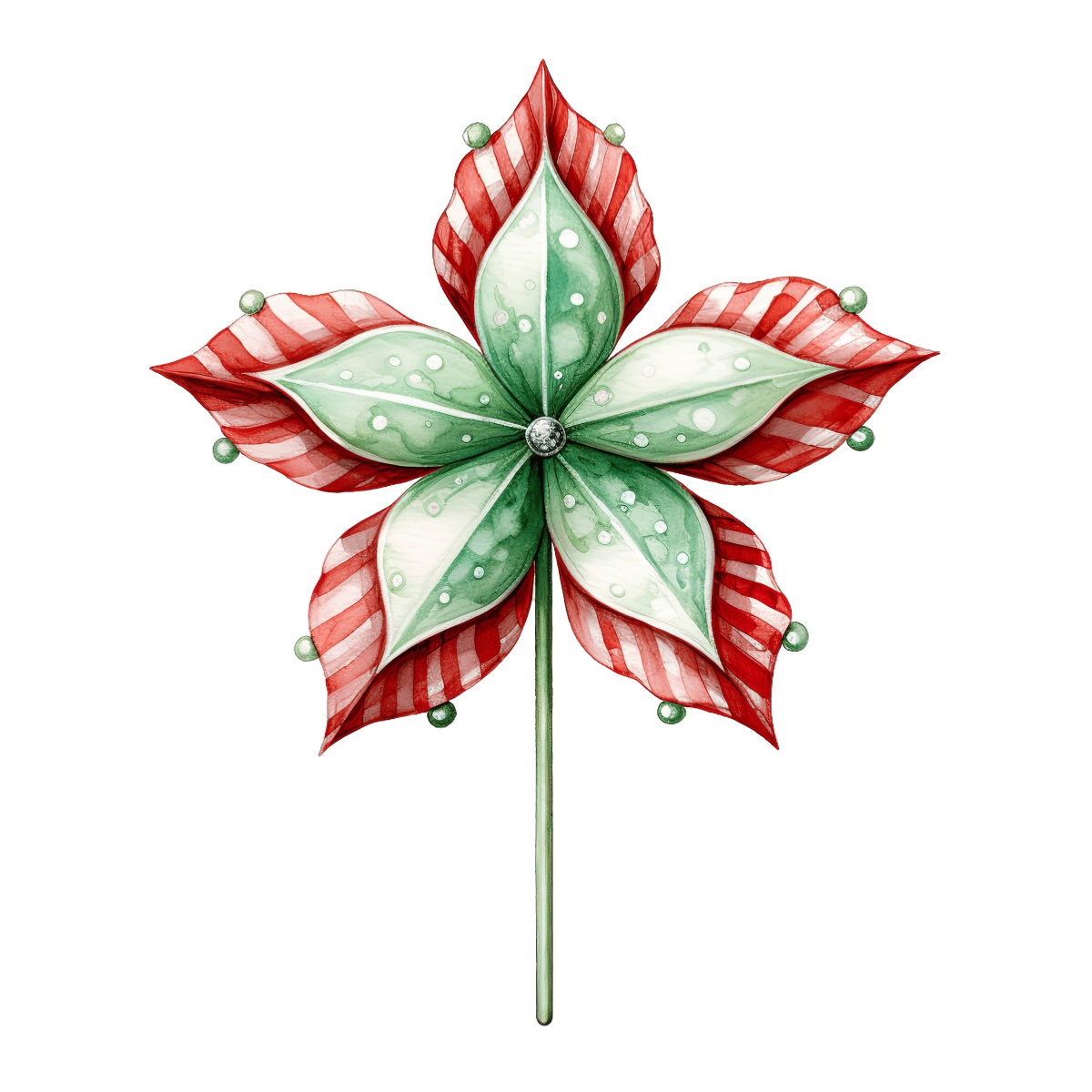 Red and green pinwheel with striped and dotted petals on a black background.