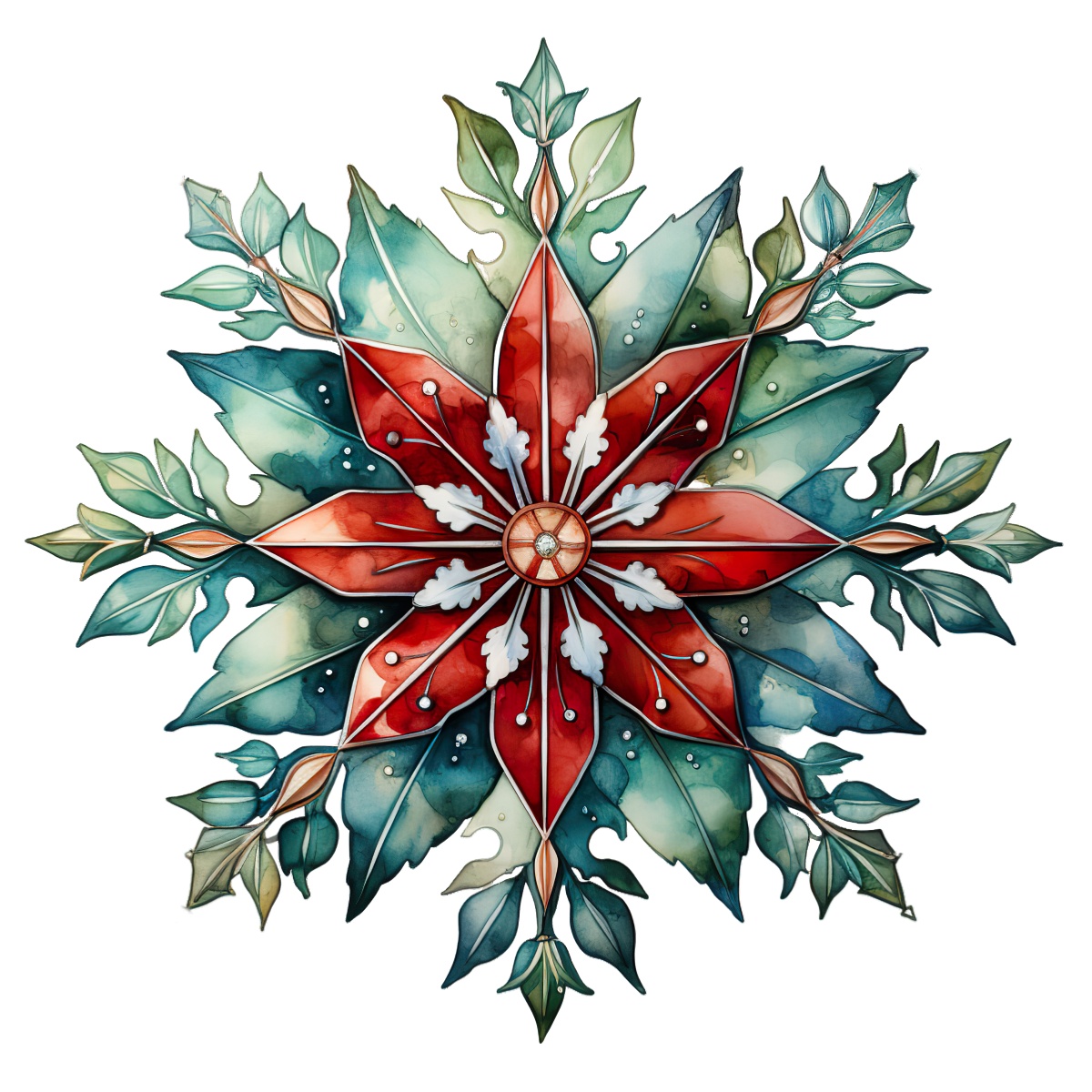 Red and green snowflake ornament with intricate leaf patterns and details.