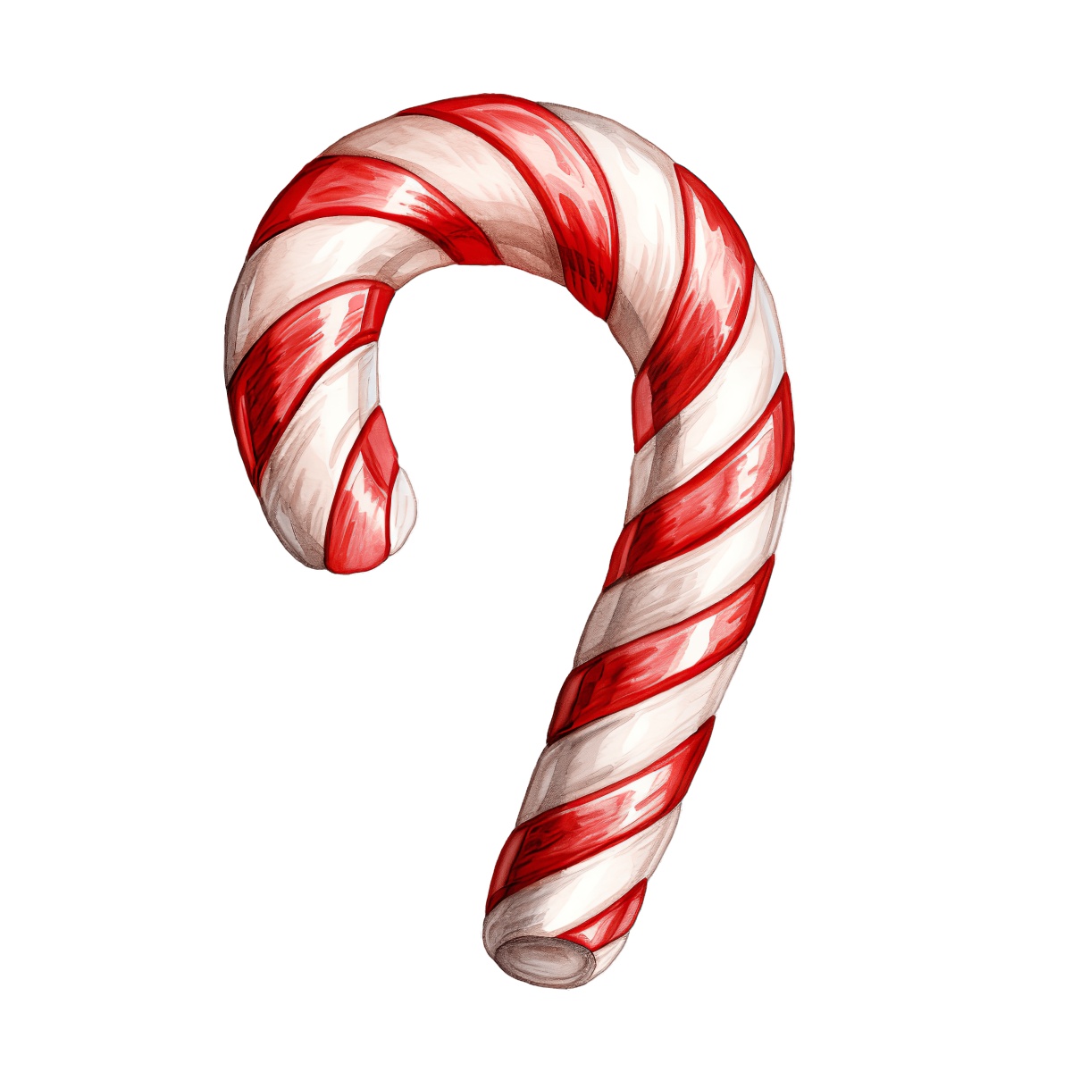 Red and white striped candy cane with a classic swirled pattern.
