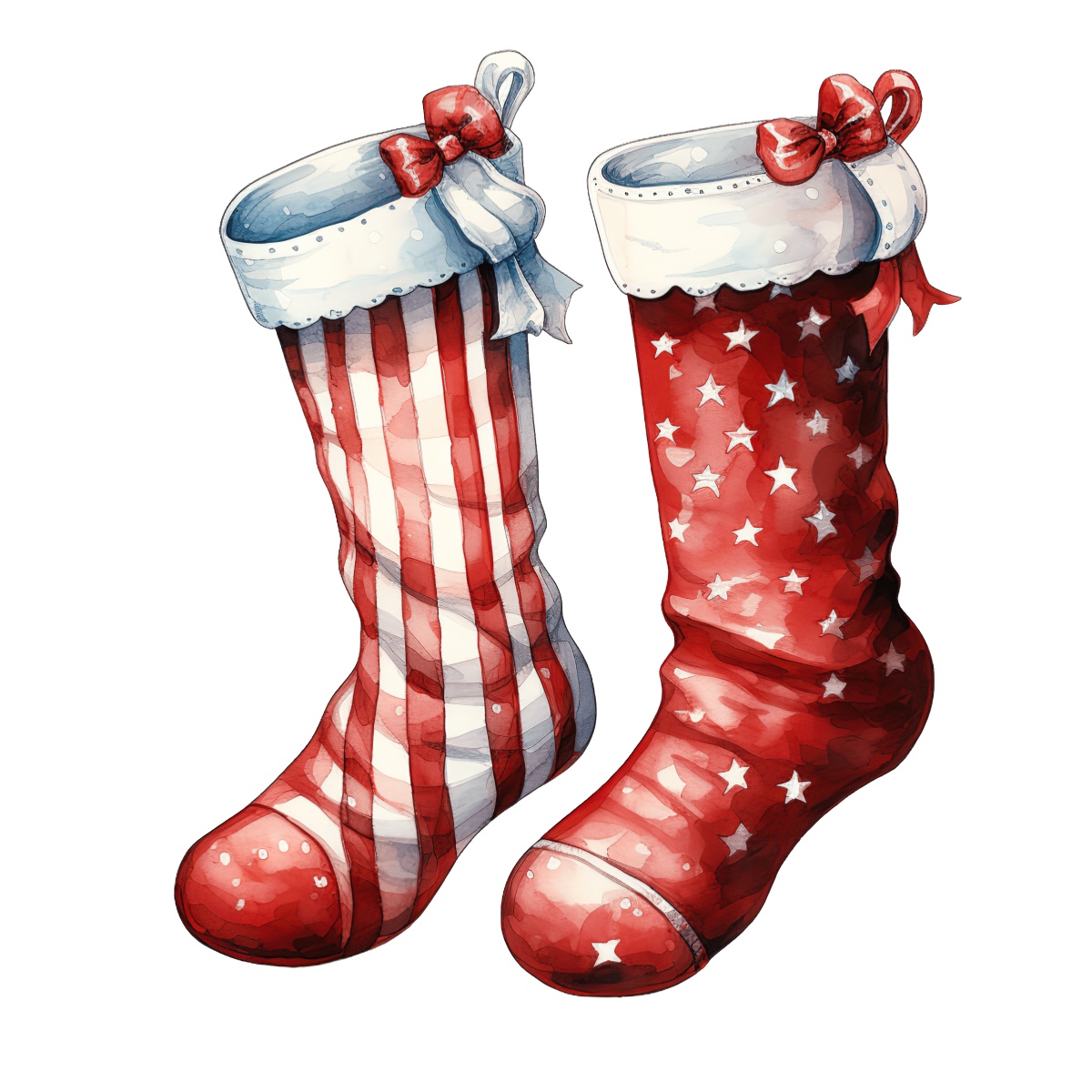 Red and white Christmas stockings with bows and patterns on black background.