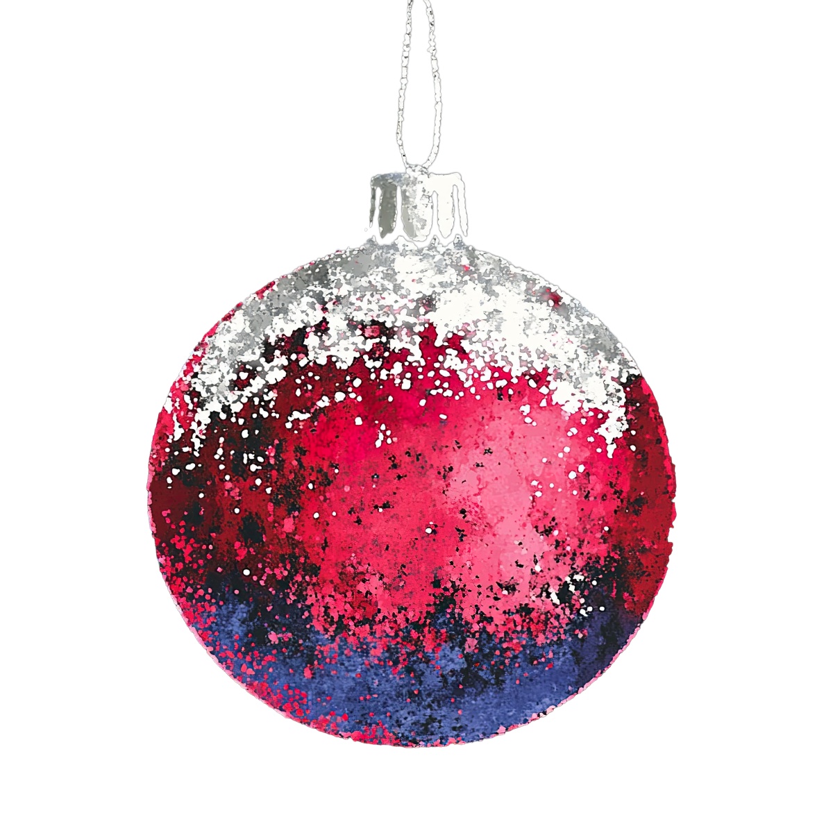 Red Christmas ornament with silver glitter and hanging string.