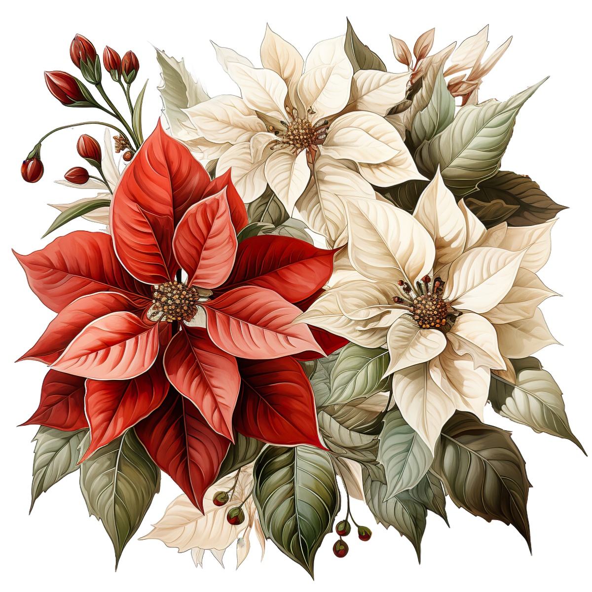 Red and white poinsettia flowers with green leaves, symbolizing the festive season.