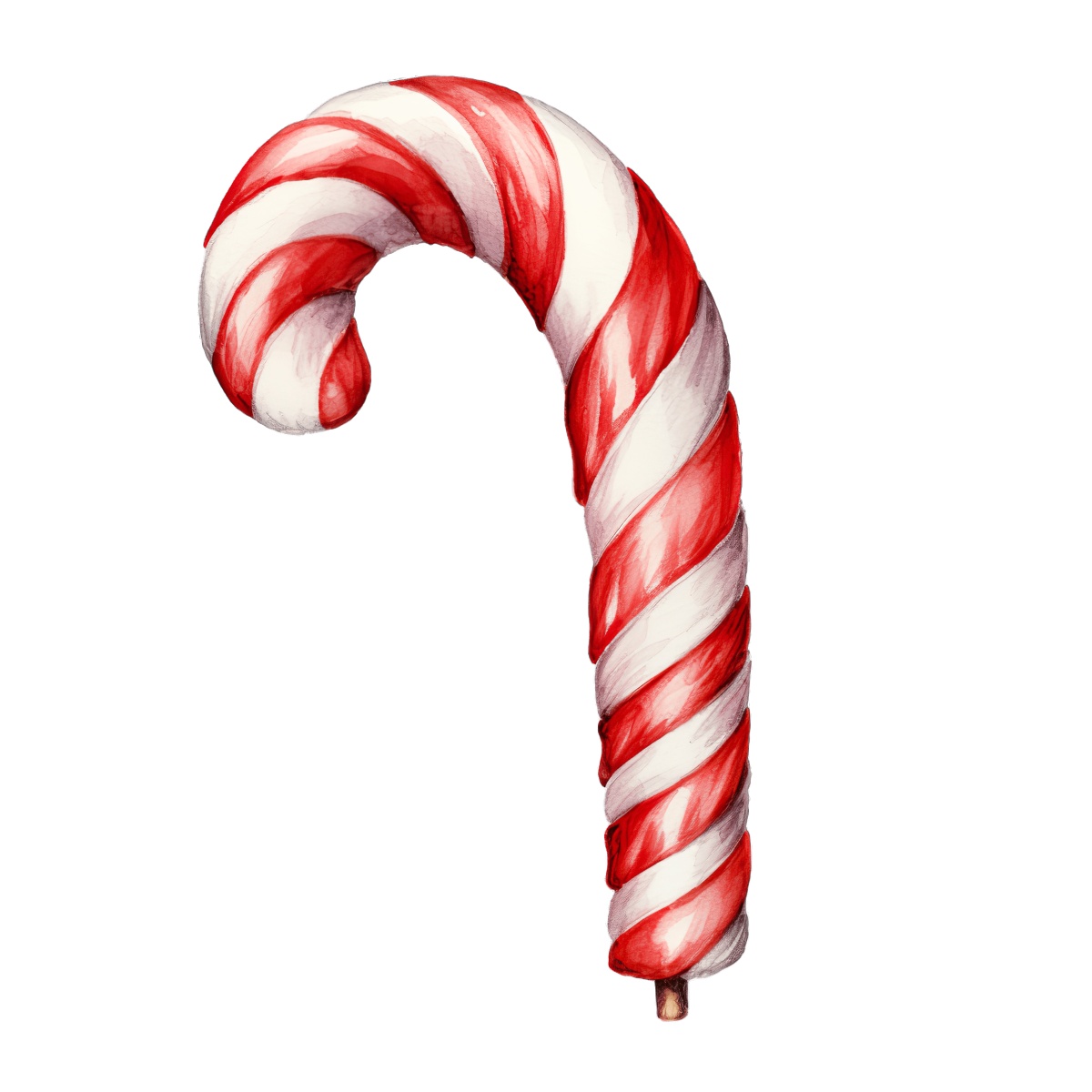 Illustration of a red and white striped candy cane with a curved shape.