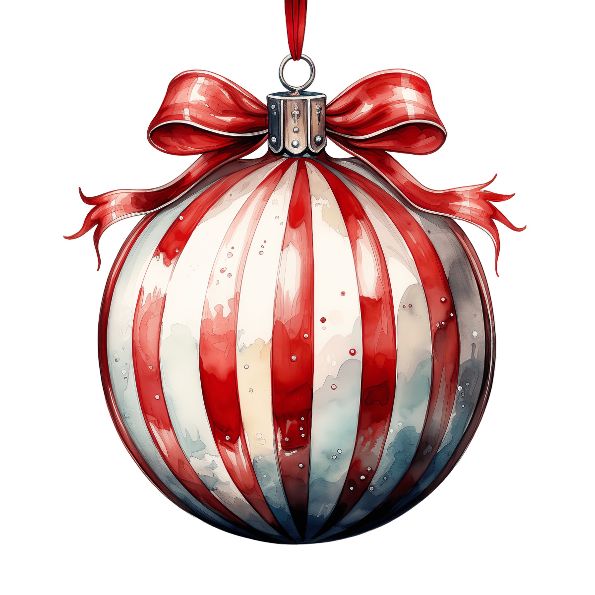 Red and white striped Christmas ornament with ribbon accent on top.