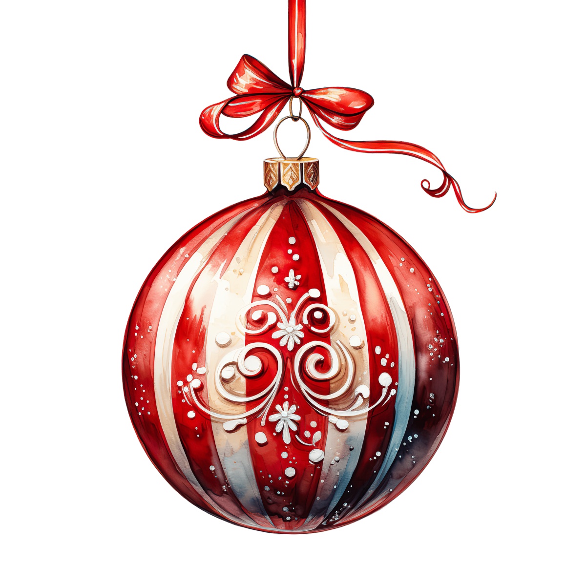 Red and white striped Christmas ornament with swirled design and decorative elements.