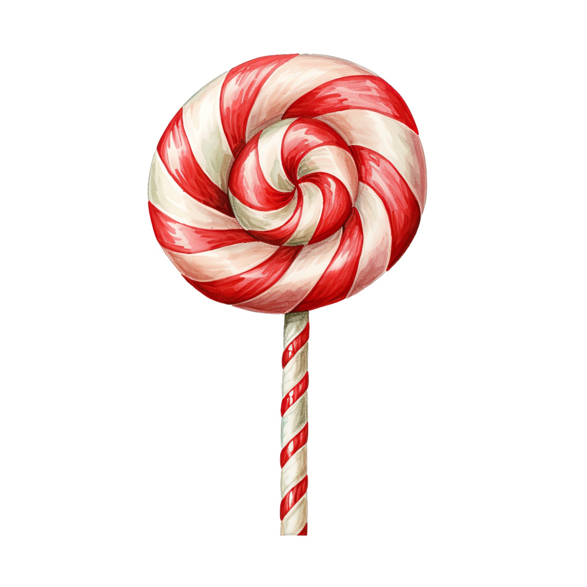 Red and white spiraled lollipop with a stick on a black background.
