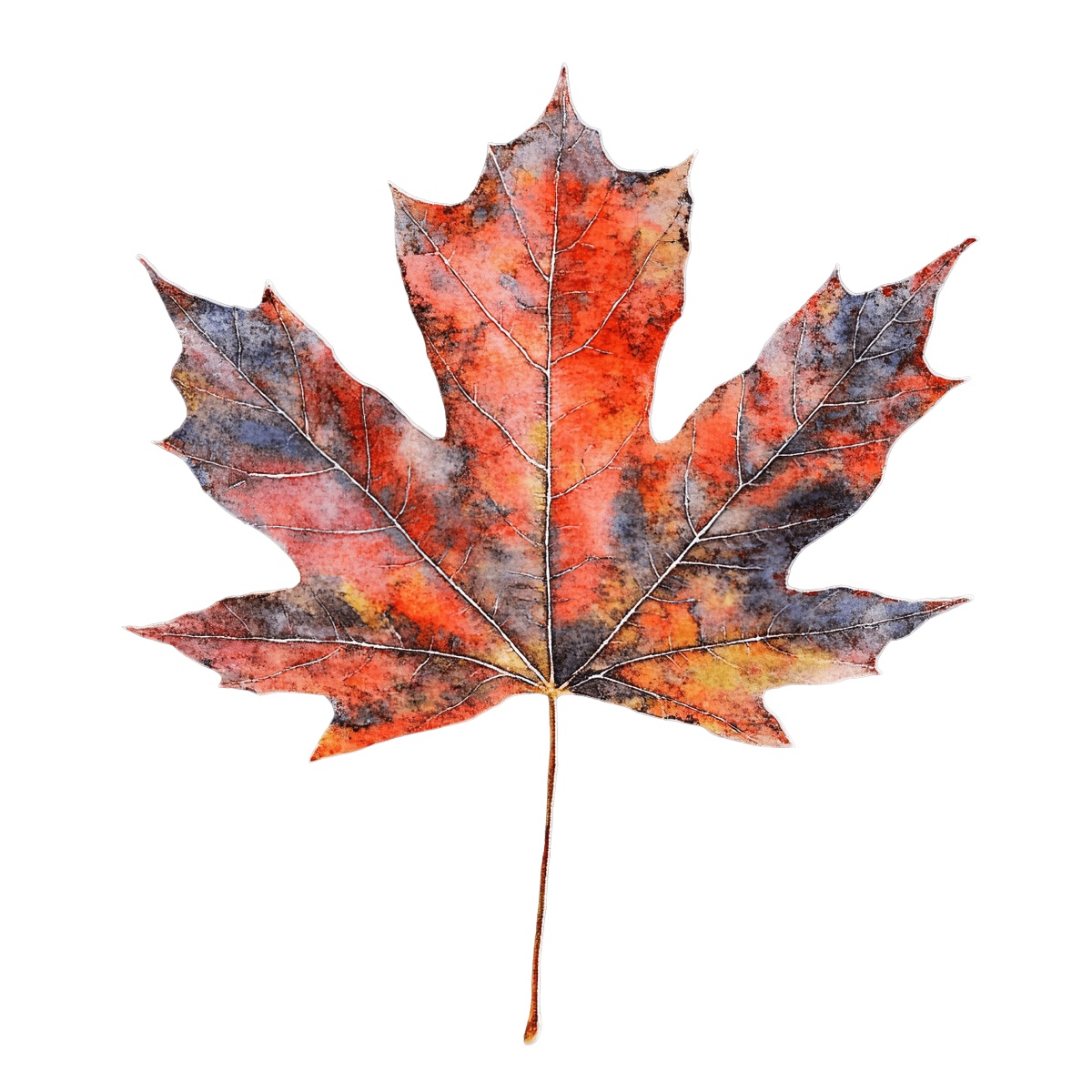 Red and yellow maple leaf with detailed texture on a black background.