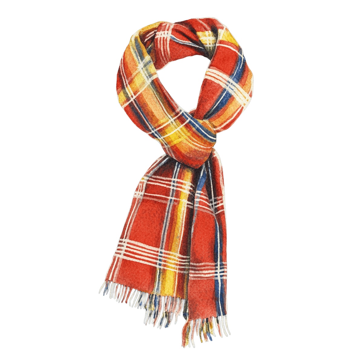 Red and yellow plaid scarf with fringed ends in a watercolor illustration.