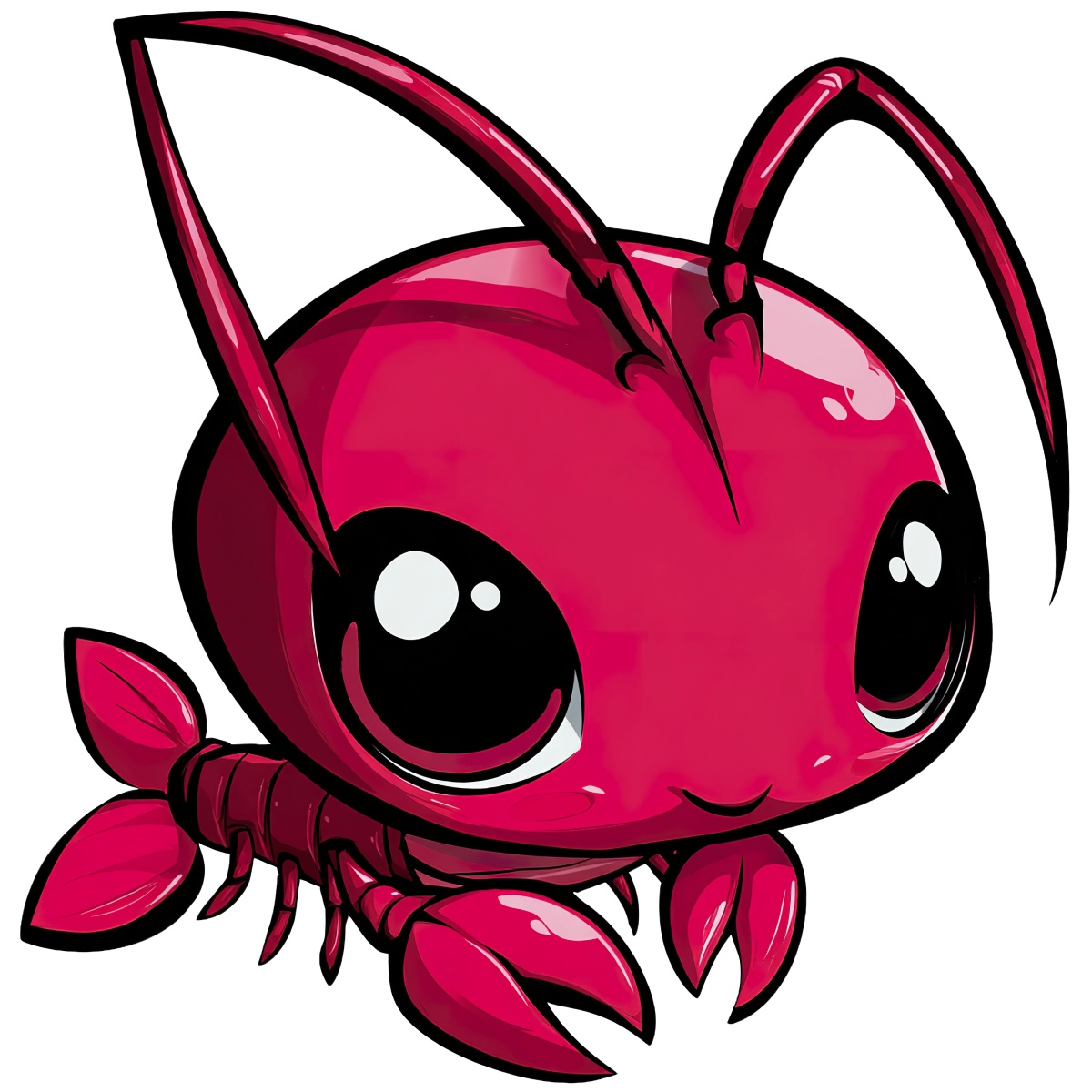 Cartoon red ant with large eyes and antennae on transparent background.